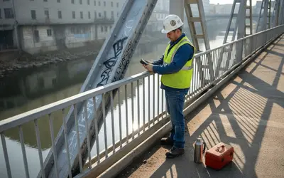 Inspector checking a graffiti-covered steel bridge railing