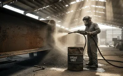 Worker sandblasting a rusted steel beam under a shed