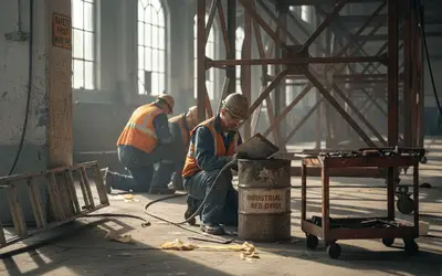Workers preparing steel for blasting in a workshop