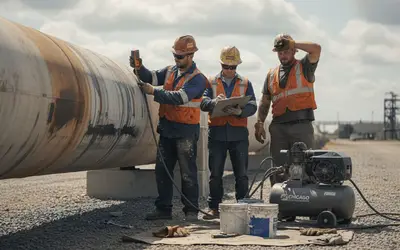 Crew testing the coating on a large rusted pipe