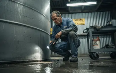 Technician inspecting the base of a steel tank with a flashlight
