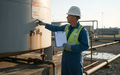 Inspector checking a chemical storage tank with a clipboard