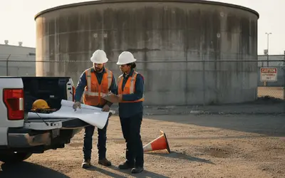 Two engineers reviewing plans beside a concrete storage tank