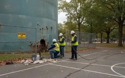 Crew repairing a rusted water tank beside a park