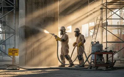 Two workers sandblasting inside a scaffolded building