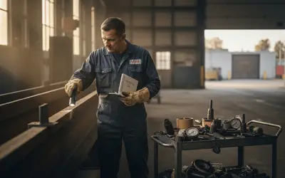 Technician checking a steel rail with a gauge in a workshop