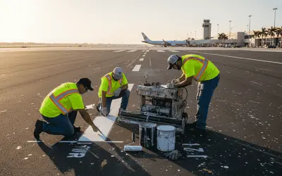 Crew painting runway markings at an airport
