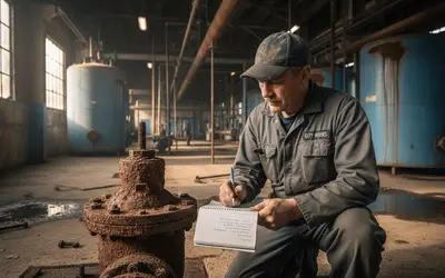 Worker taking notes beside a rusted pipe valve in a plant