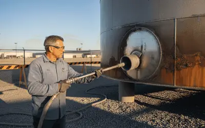 Worker spraying coating on a rusted steel tank nozzle
