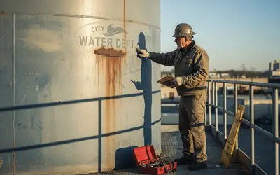 Inspector checking rust streaks on a city water tank