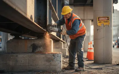 Worker grinding rust off a steel beam under an overpass