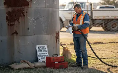 Worker preparing to grit blast a rusted steel tank