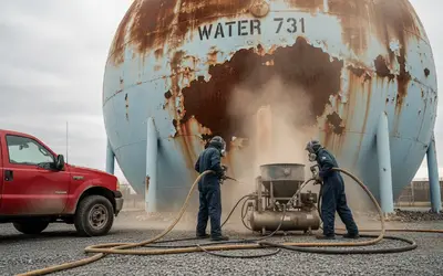 Crew sandblasting a rusted spherical water tank
