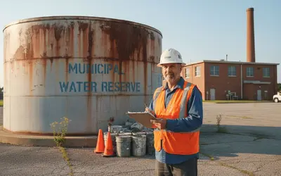 Inspector at a rusted municipal water reserve tank