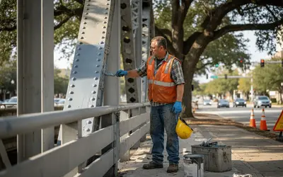 Worker painting a steel truss bridge beside a city street
