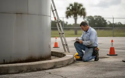 Inspector kneeling to take notes at the base of a steel tank