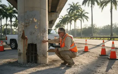 Inspector checking a cracked concrete column under a highway bridge