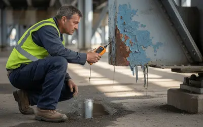 Inspector testing peeling paint on a steel beam with a gauge