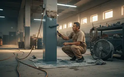 Worker painting a steel column in an industrial building