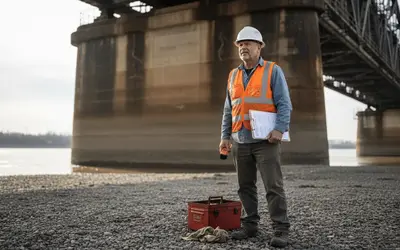 Inspector with a clipboard beside a concrete bridge pier