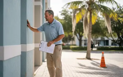 Facility manager inspecting a painted building wall with a clipboard