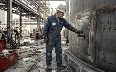 Technician testing a steel tank wall at an industrial plant
