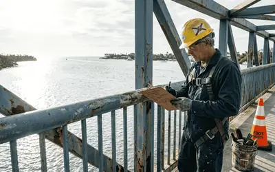 Inspector taking notes on a rusted bridge railing over water