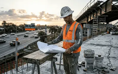 Supervisor reviewing plans on a highway bridge project