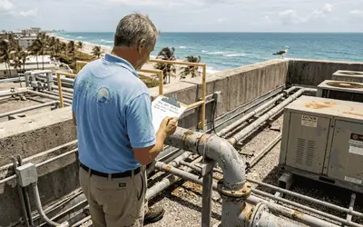 Facility manager inspecting rooftop HVAC piping by the ocean
