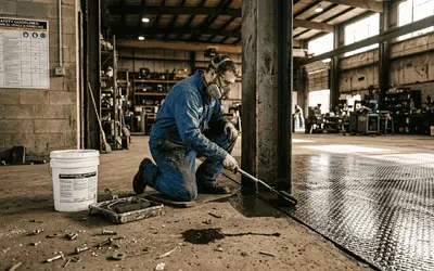 Worker coating a steel floor plate in a warehouse