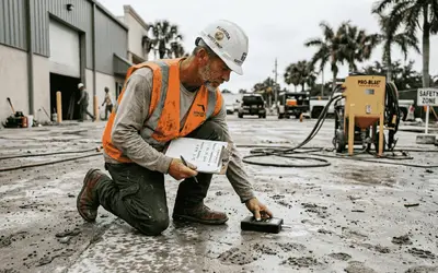 Inspector kneeling to test a concrete floor beside a blasting machine
