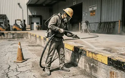 Worker pressure washing a concrete loading dock