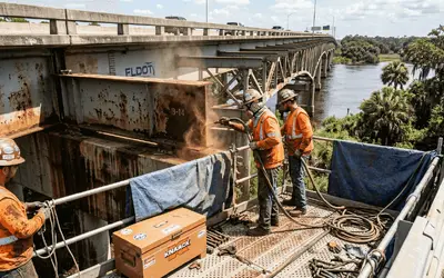 Crew blasting a rusted steel bridge section under containment