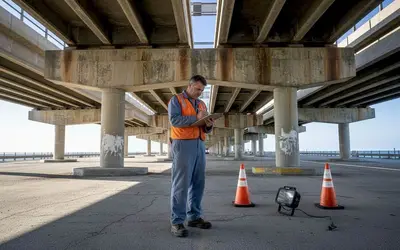 Inspector with a clipboard under a concrete highway overpass
