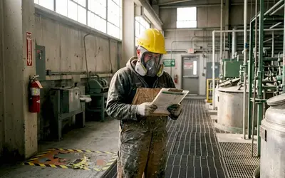 Worker in a respirator taking notes in a treatment plant