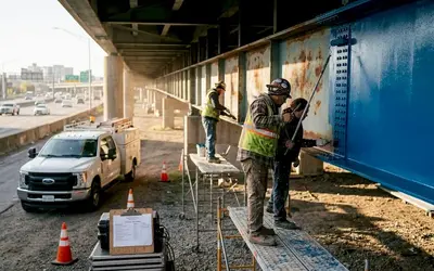 Crew repainting a blue steel girder beside a highway