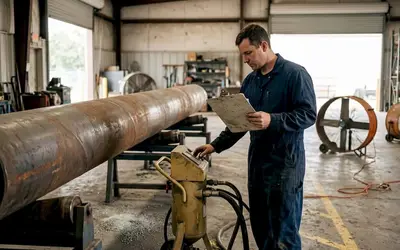 Technician inspecting a large rusted pipe in a workshop