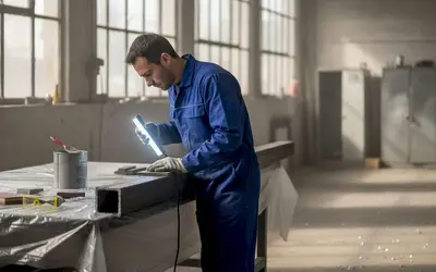 Technician inspecting a steel part with a light on a workbench