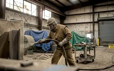 Worker sandblasting equipment in a dusty workshop