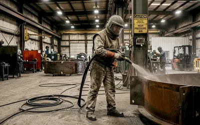 Worker sandblasting a steel tank section in a shop