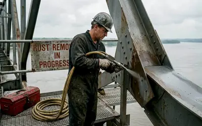 Worker blasting rust off a steel bridge truss over a river