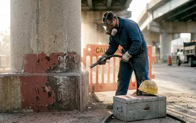 Worker blasting old paint off a concrete column