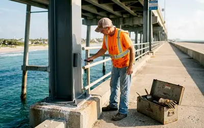 Worker inspecting a rusted pier railing over the water