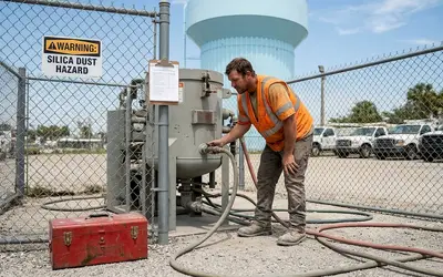 Worker operating a blasting pot beside a water tower