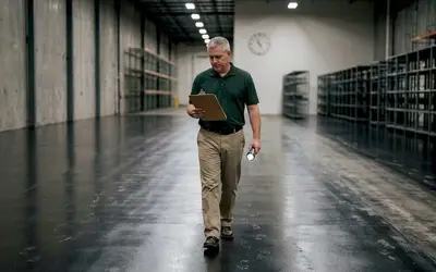 Manager inspecting a glossy epoxy warehouse floor