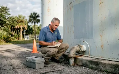 Inspector taking notes at the base of a water tank
