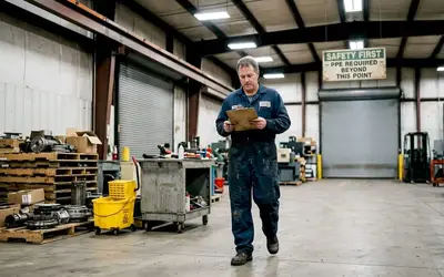 Supervisor with a clipboard walking through a warehouse