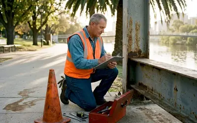 Inspector kneeling with a clipboard beside a rusted steel beam