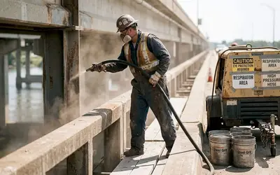 Worker blasting a concrete bridge railing with a hose