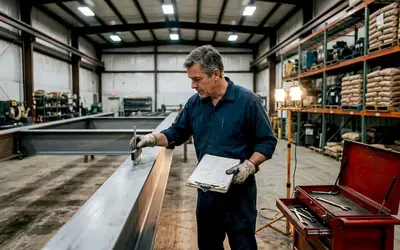 Technician inspecting a steel beam in a workshop